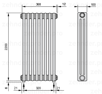 Схема (чертеж) Радиатор Zehnder Charleston 3220/8 №3570 Белый глянцевый RAL 9016